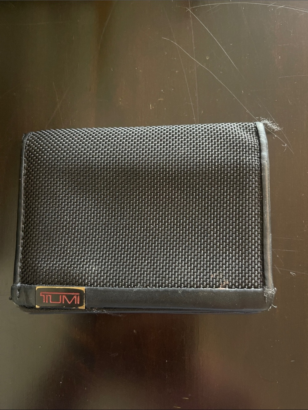 Tumi Black Textured Nylon & Leather Bifold Card Wallet with Logo Plate